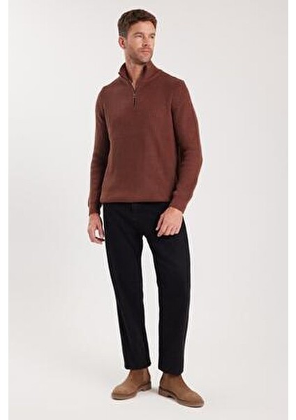 Erkek Slim Fit Dar Kesim Fermuarlı Kahverengi Dik Yaka Triko Kazak fırsatları