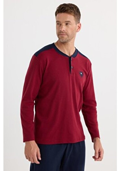 Erkek Regular Fit Pamuklu Düğmeli Yaka Beli Lastikli Desenli Bordo Pijama Takımı fiyatları