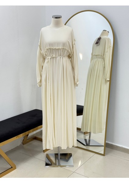 Ekru Robalı Büzgülü Oversize Elbise 5093