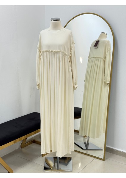 Ekru Robalı Büzgülü Oversize Elbise 5093 fiyatları
