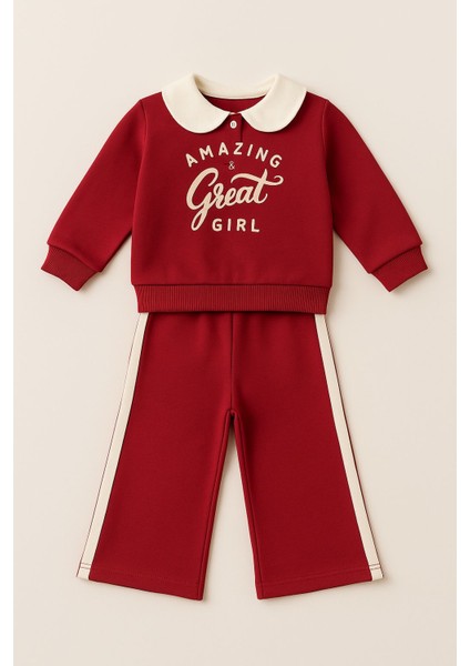 Bebe Yaka Kız Çocuk Sweatshirt ve Eşofman Altı Takım (Patlı/düğmeli 3 Iplik Şardonlu Kumaş)