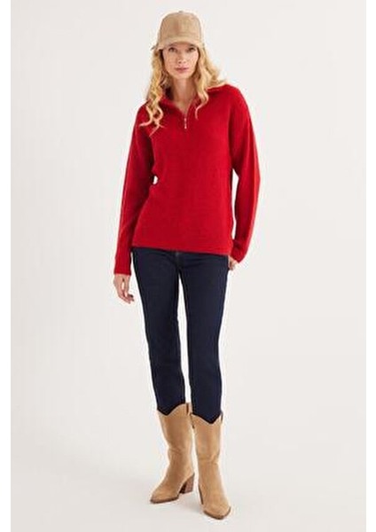 Kadın Oversize Geniş Kesim Dokumalı Fermuarlı Yaka Kırmızı Kazak fırsatları