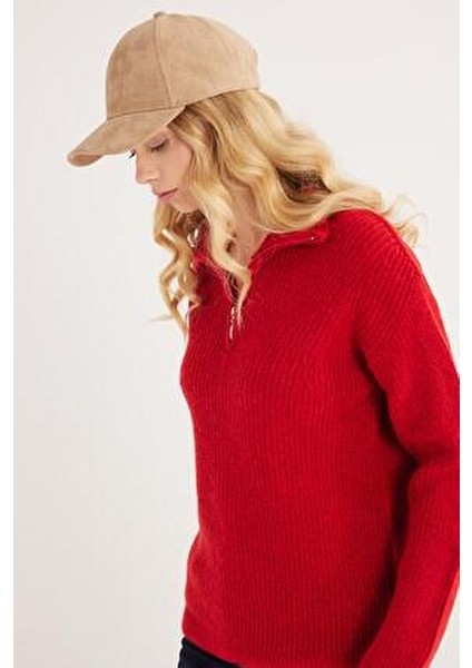 Kadın Oversize Geniş Kesim Dokumalı Fermuarlı Yaka Kırmızı Kazak indirimleri