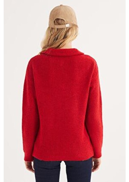 Kadın Oversize Geniş Kesim Dokumalı Fermuarlı Yaka Kırmızı Kazak