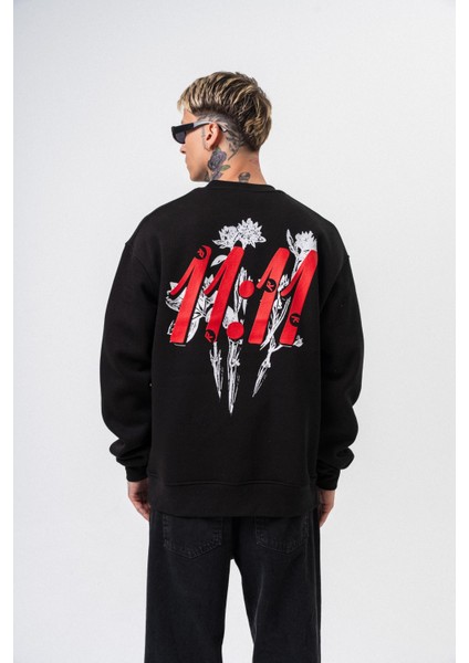 Erkek 11.11 Baskılı Bisiklet Yaka Oversize Sweatshirt Siyah