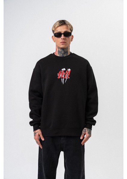 Erkek 11.11 Baskılı Bisiklet Yaka Oversize Sweatshirt Siyah fiyatları
