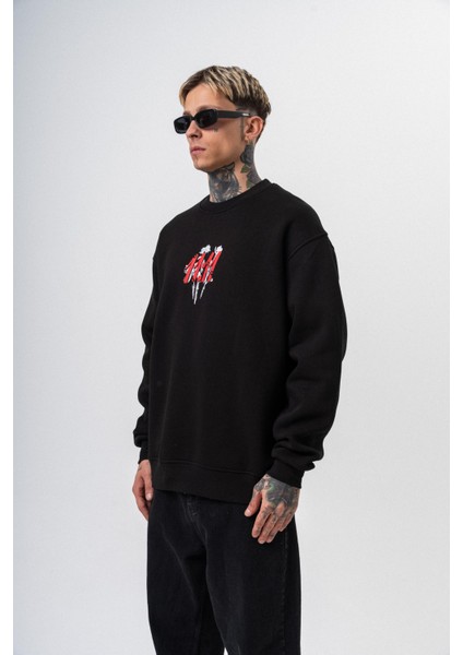 Erkek 11.11 Baskılı Bisiklet Yaka Oversize Sweatshirt Siyah modelleri