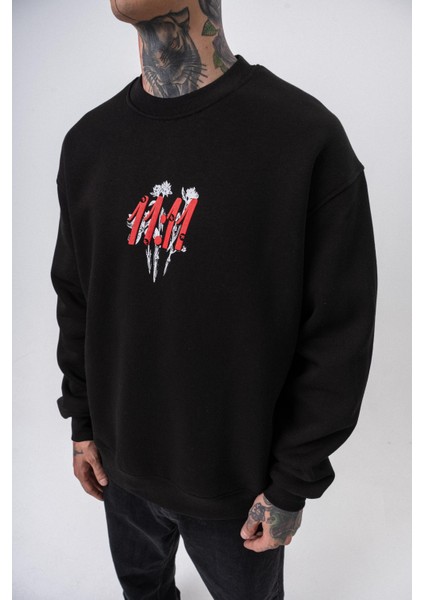 Erkek 11.11 Baskılı Bisiklet Yaka Oversize Sweatshirt Siyah fırsatları