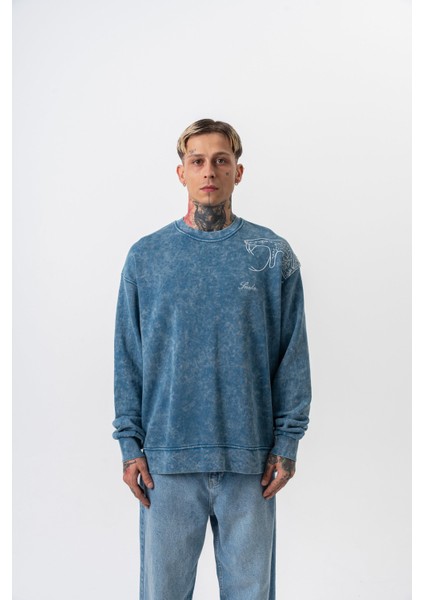 Erkek Snake Nakışlı Yıkamalı Bisiklet Yaka Oversize Sweatshirt Petrol fiyatları