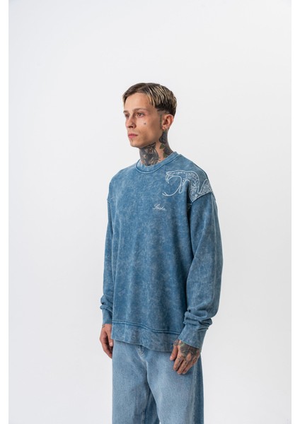 Erkek Snake Nakışlı Yıkamalı Bisiklet Yaka Oversize Sweatshirt Petrol modelleri