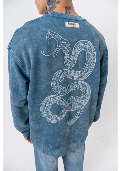 Erkek Snake Nakışlı Yıkamalı Bisiklet Yaka Oversize Sweatshirt Petrol fırsatları