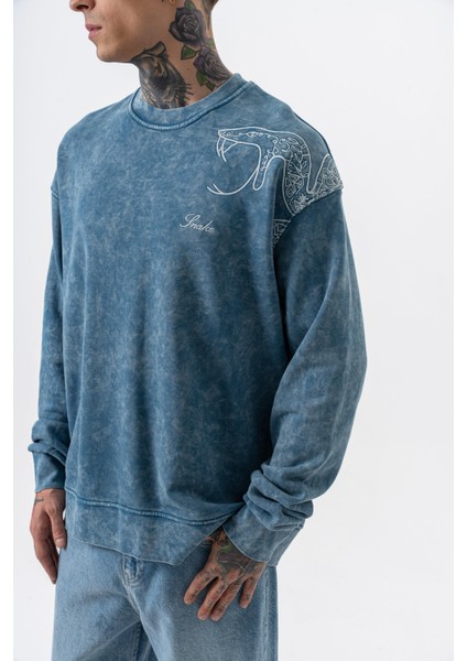 Erkek Snake Nakışlı Yıkamalı Bisiklet Yaka Oversize Sweatshirt Petrol indirimleri