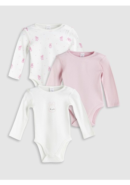 Yeni Sezon Bisiklet Yaka Baskılı Kız Bebek Çıtçıtlı Bodysuit 3'lü