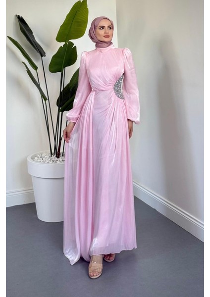 Nola Yanı Taşlı Jan Jan Abiye Şeker Pembesi