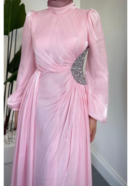 Nola Yanı Taşlı Jan Jan Abiye Şeker Pembesi modelleri