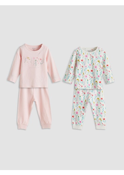 Yeni Sezon Bisiklet Yaka Çiçekli Kız Bebek Pijama Takımı 2'li
