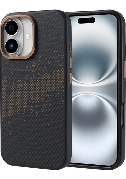 iPhone 16 Kılıf Magsafe Şarj Özellikli Karbon Fiber Tasarımlı N7TH Vave Kapak-Gold-Gold