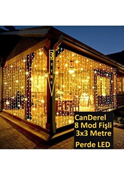 3x3 Metre 8 Fonksiyonlu Animasyonlu Perde LED Işık Saçak LED Işık 300 LED Yılbaşı Işığı Süsü Fişli