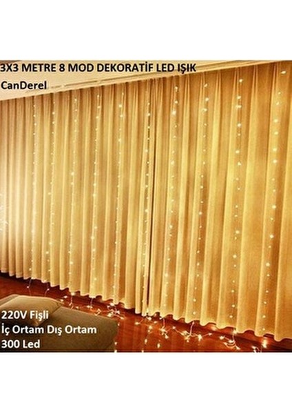 3x3 Metre 8 Fonksiyonlu Animasyonlu Perde LED Işık Saçak LED Işık 300 LED Yılbaşı Işığı Süsü Fişli