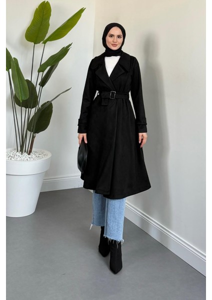 Veyora Nubuk Kemerli Kaban Siyah