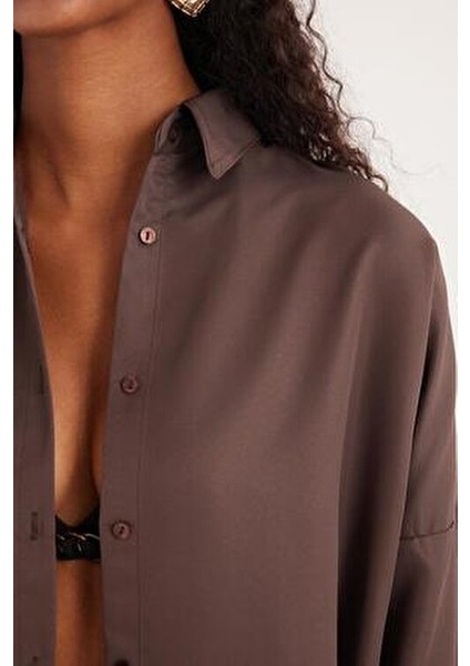 Kadın Oversize Rahat Kesim Spor Yaka Uzun Kollu Basic Düz Kahverengi Gömlek modelleri