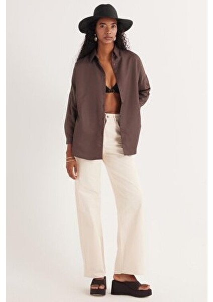 Kadın Oversize Rahat Kesim Spor Yaka Uzun Kollu Basic Düz Kahverengi Gömlek fırsatları