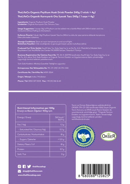 Organik Karnıyarık Otu (Psyllium) İçecek Tozu 4g x 60 Adet Şase (Glutensiz, Katkısız, Doğal) fırsatları