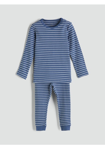 Yeni Sezon Bisiklet Yaka Uzun Kollu Çizgili Erkek Bebek Pijama Takımı