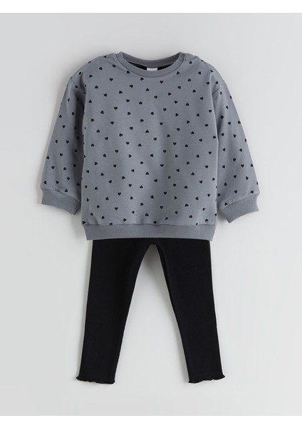 Yeni Sezon Bisiklet Yaka Baskılı Kız Bebek Sweatshirt ve Tayt 2'li