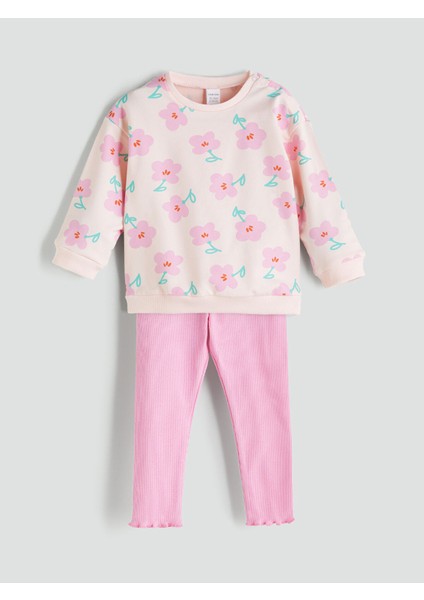 Yeni Sezon Bisiklet Yaka Baskılı Kız Bebek Sweatshirt ve Tayt 2'li