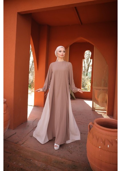 Koyu Camel Beyaz Garnili Yandan Garnili Elbise 5061
