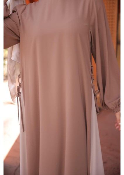 Koyu Camel Beyaz Garnili Yandan Garnili Elbise 5061 modelleri