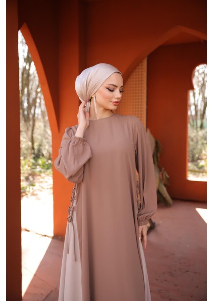 Koyu Camel Beyaz Garnili Yandan Garnili Elbise 5061 fırsatları