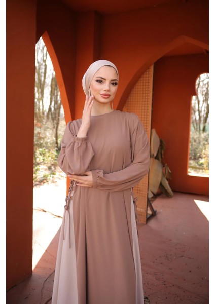 Koyu Camel Beyaz Garnili Yandan Garnili Elbise 5061 indirimleri