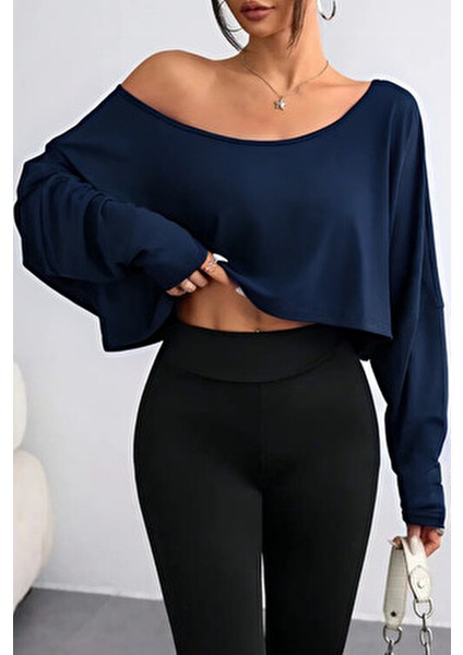 Lacivert Kadın Oversize Düşük Omuz Kayık Yaka Pamuklu Uzun Kollu Crop T-Shirt modelleri