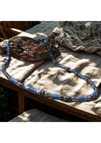 Lapis Lazuli Doğal Taşı Erkek Uzun Kolye (51 Cm) -Lapis Lazuli Hematit Güç ve Denge Kolyesi