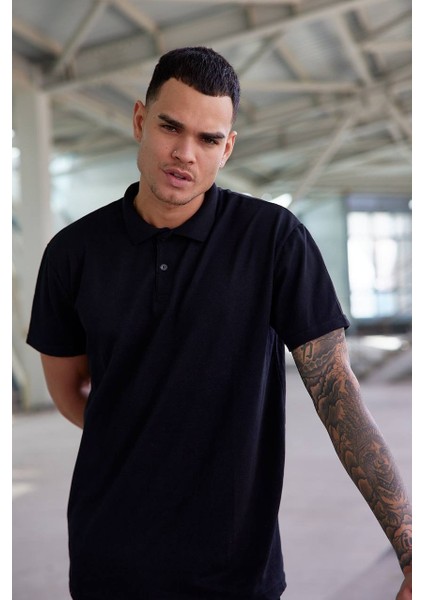 Siyah Spor Polo Yaka Düğmeli Pamuklu Casual Kısa Kollu Regular Fit T-Shirt