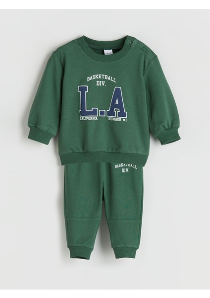 Yeni Sezon Bisiklet Yaka Baskılı Erkek Bebek Sweatshirt ve Eşofman Alt 2'li