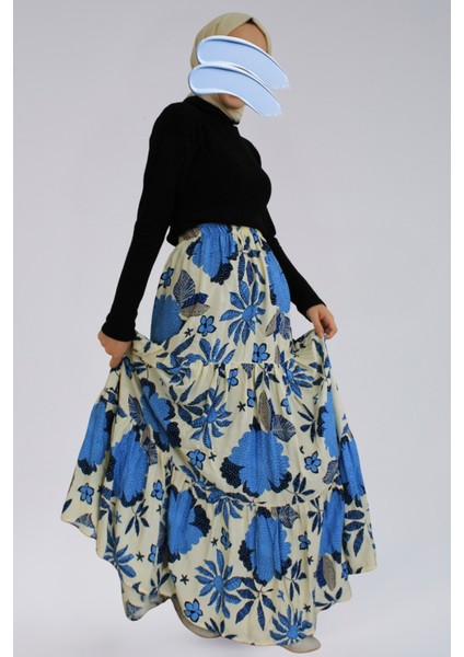 Kadın Uzun Etek - Viskon Kumaş Çiçek Desenli Kadın Uzun Etek