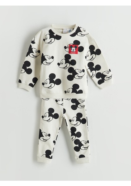 Yeni Sezon Bisiklet Yaka Mickey Mouse Baskılı Erkek Bebek Sweatshirt ve Eşofman Alt 2'li