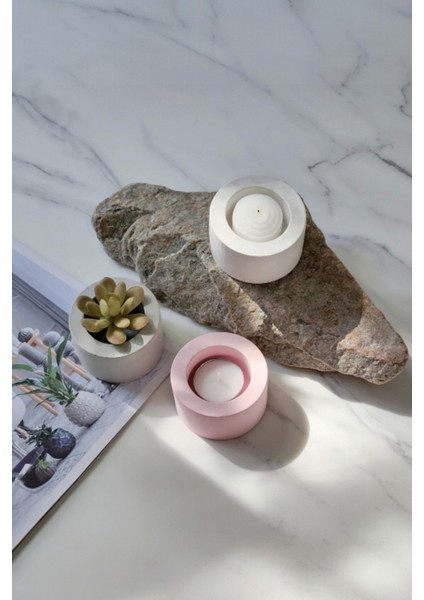 El Yapımı Beton Tealight Mumluk 3\'lü Set | Minimal Dekoratif Mumluk & Şamdan