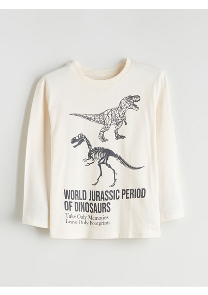 Yeni Sezon Bisiklet Yaka Dinozor Baskılı Erkek Çocuk Tişört