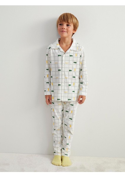 Yeni Sezon Gömlek Yaka Ekose Desenli Uzun Kollu Erkek Çocuk Pijama Takımı