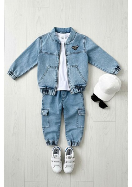 Kot Ceketli Kargo Cepli Erkek Çocuk 3 lü takım - Mavi