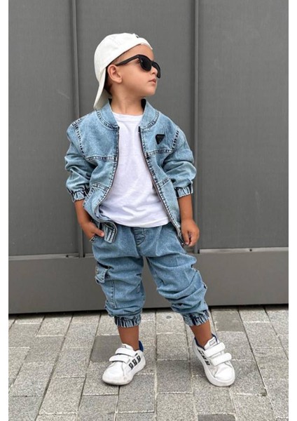Kot Ceketli Kargo Cepli Erkek Çocuk 3 lü takım - Mavi fiyatları