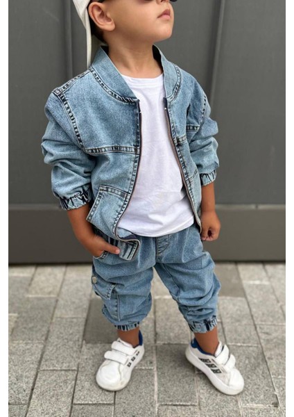 Kot Ceketli Kargo Cepli Erkek Çocuk 3 lü takım - Mavi modelleri