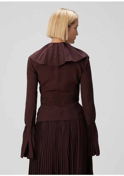 Bordo Asimetrik Pileli Bluz fırsatları