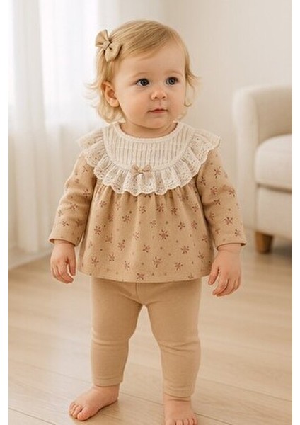 Kız Bebek Çiçek Desenli Dantelli Fırfırlı Yaka 2li Takım Uzun Kollu Mevsimlik 3-6-9-12-18-24AY