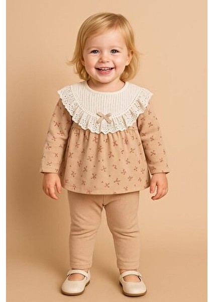 Kız Bebek Çiçek Desenli Dantelli Fırfırlı Yaka 2li Takım Uzun Kollu Mevsimlik 3-6-9-12-18-24AY modelleri