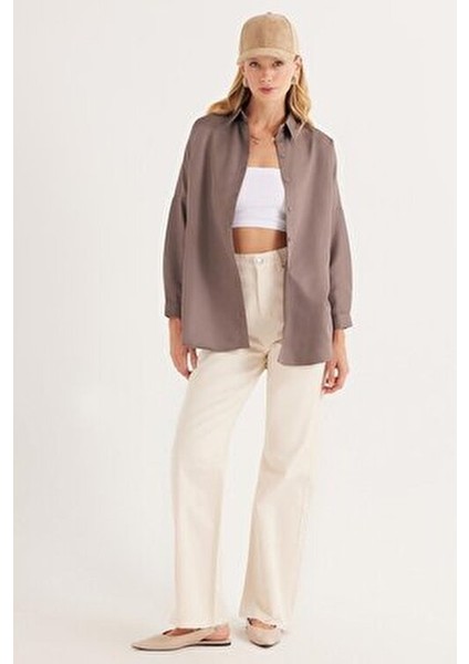 Kadın Oversize Rahat Kesim Spor Yaka Uzun Kollu Basic Düz Vizon Gömlek indirimleri